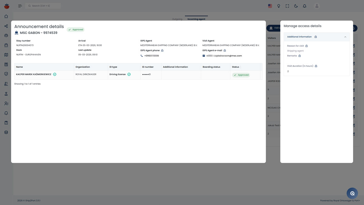 Ship2Port announcement details view showing visitor information, status, and access details