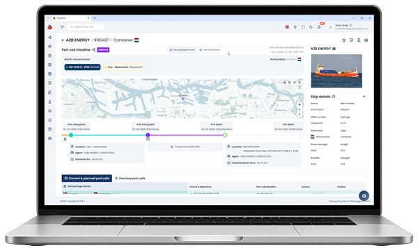 Ship2Port vessel tracking and liner schedules shown on a laptop