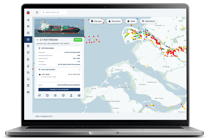 Ship2Port AIS map shown on a laptop