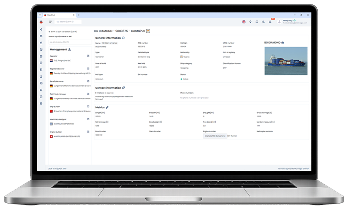 Ship2Port Vessel Details database shown on a laptop