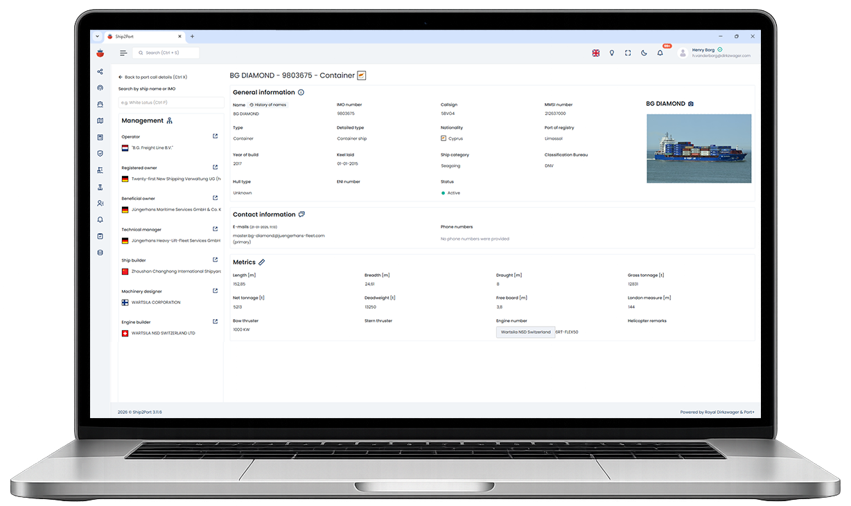Ship2Port Vessel Details shown on a laptop